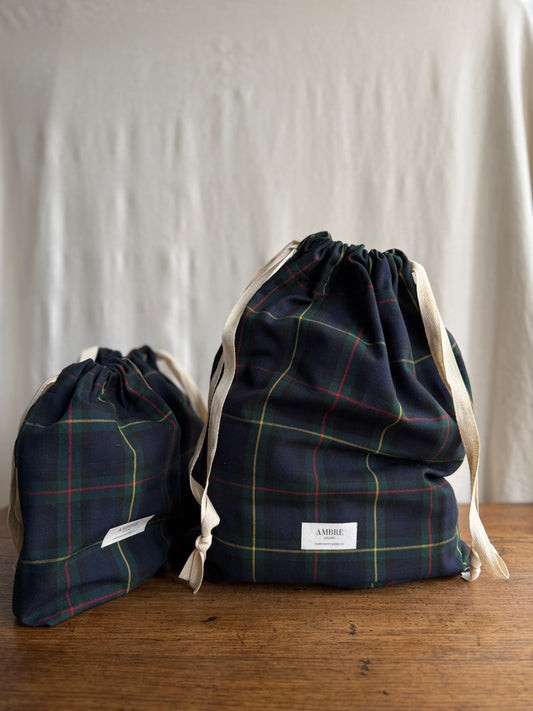 Trio de sacs en tissu à carreaux verts